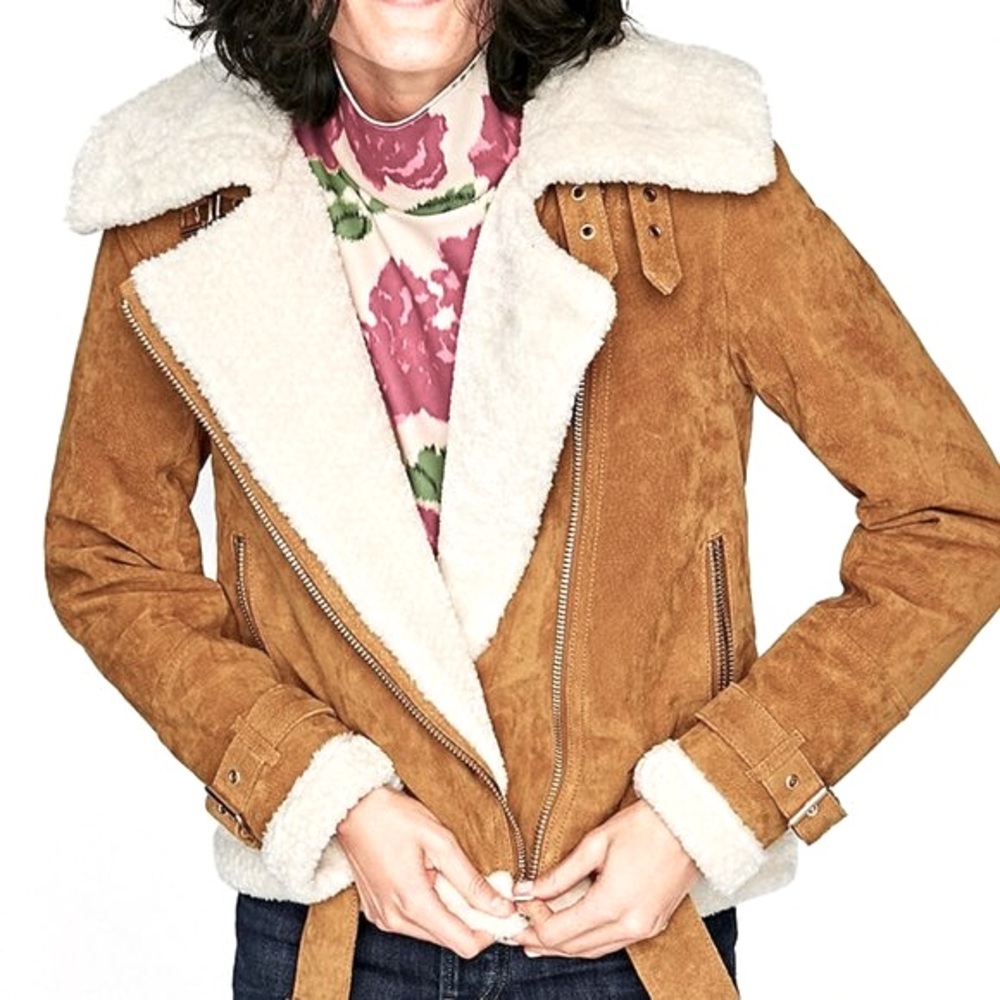 Zara Camel Suede Moto Jacket with Faux Shearling Lining in Camel Size XS